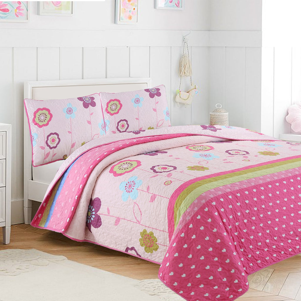 Pink Flower Garden Girl Print Reversible Quilt Bedding Set