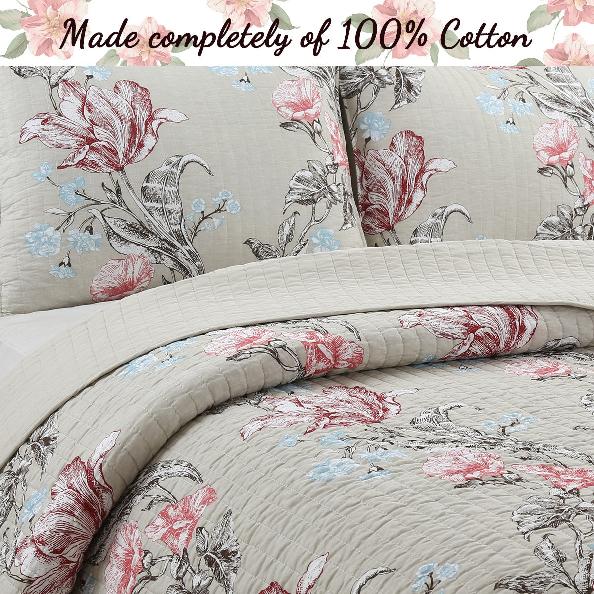 Modern Blooming Floral 3-Piece Reversible Quilt Bedding Set