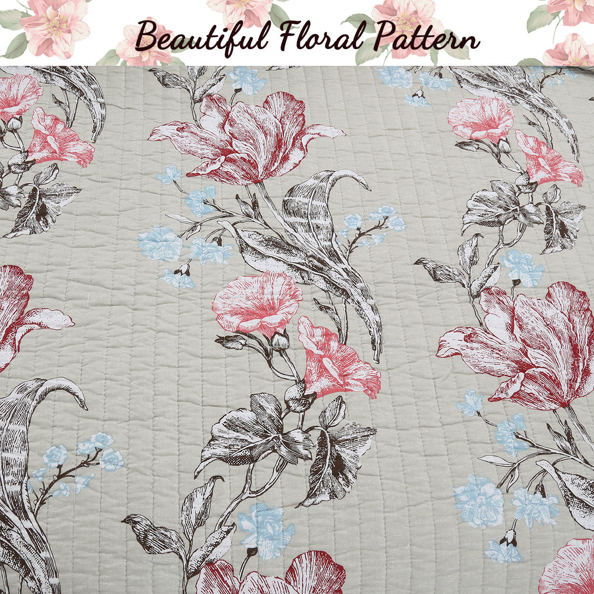 Modern Blooming Floral 3-Piece Reversible Quilt Bedding Set