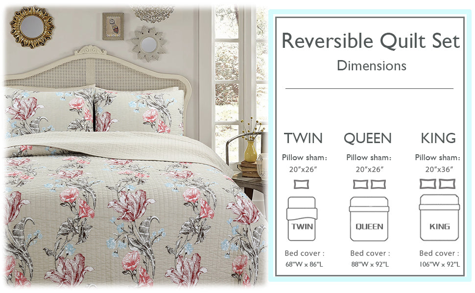 Modern Blooming Floral 3-Piece Reversible Quilt Bedding Set