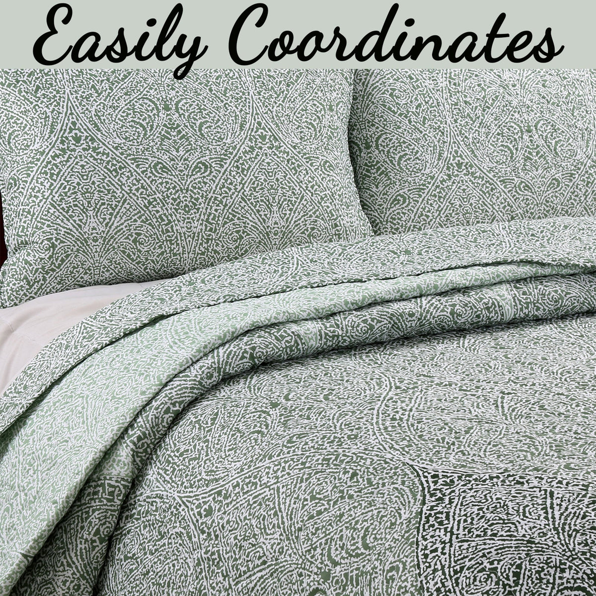 Ombre Leaf Sage Forest Green Medallion 3- Piece Reversible Quilt Bedding Set