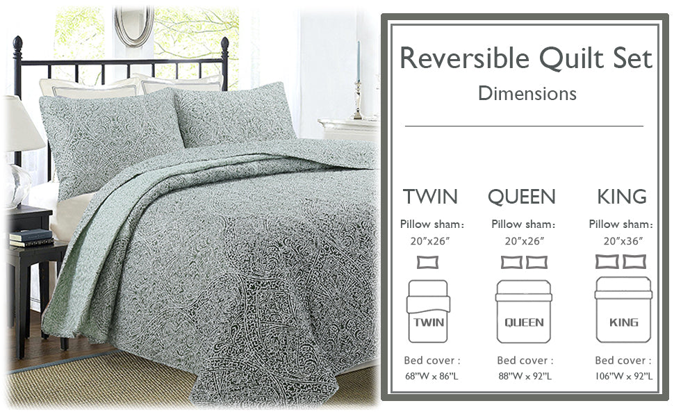 Ombre Leaf Sage Forest Green Medallion 3- Piece Reversible Quilt Bedding Set