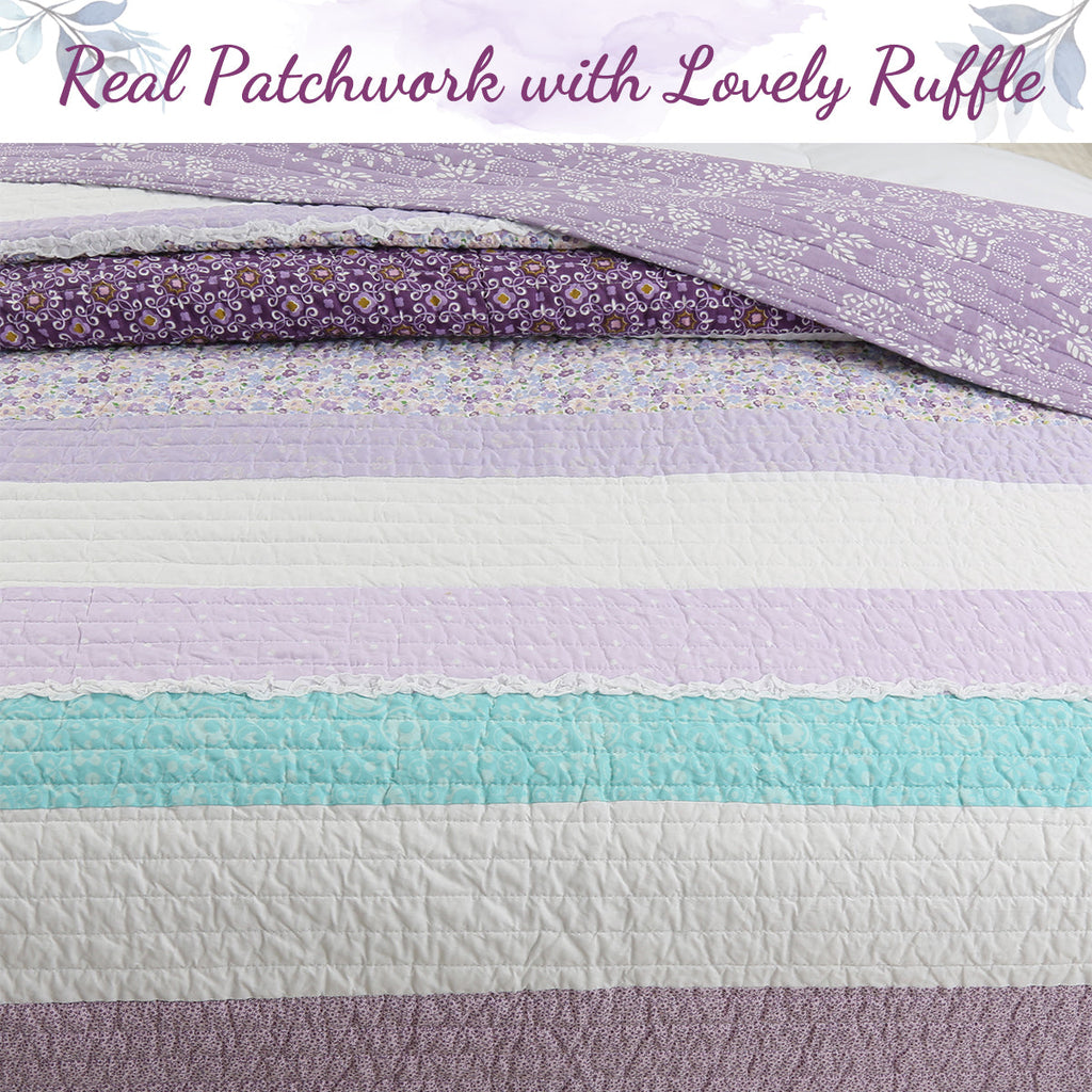 Purple Cosmos Spring Floral Stripe Garden Lavender Teal Ruffle Cotton Reversible Quilt Bedding Set