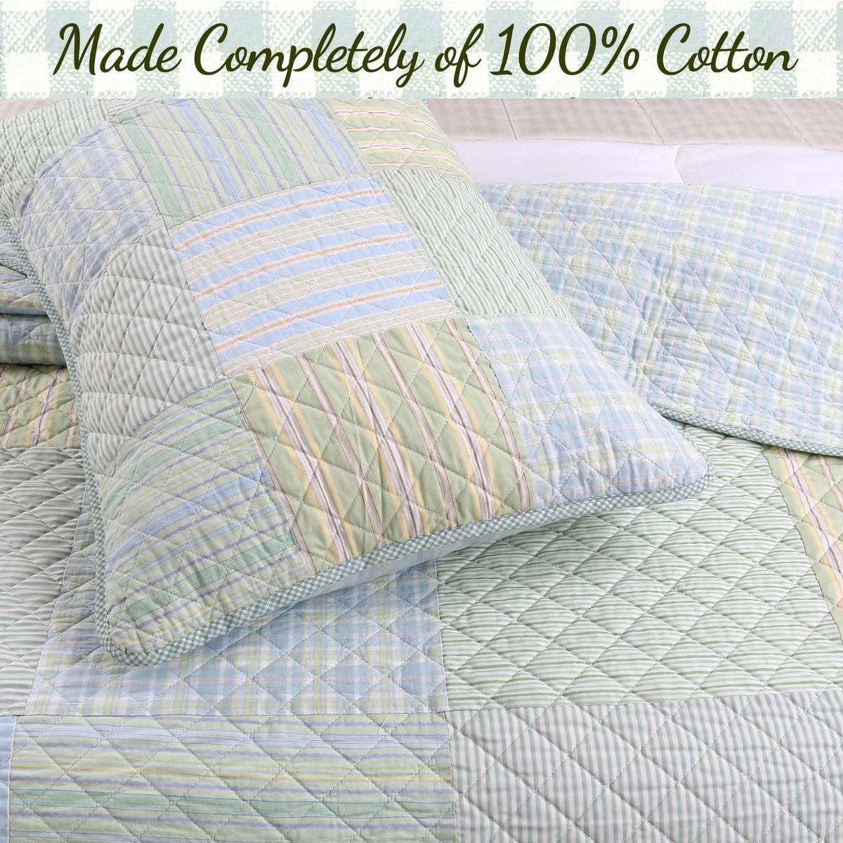 Square Real Patchwork Plaid Stripes Blue Green Scalloped 3-Piece Cotton Reversible Quilt Bedding Set