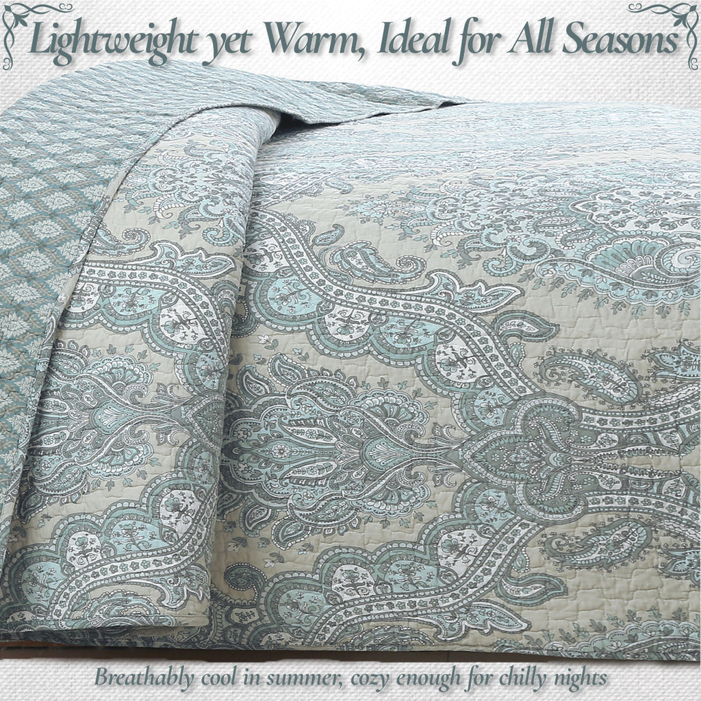 Ornate Paisley Medallion Grey Blue Cotton 3 Piece Queen Quilt Bedding Set
