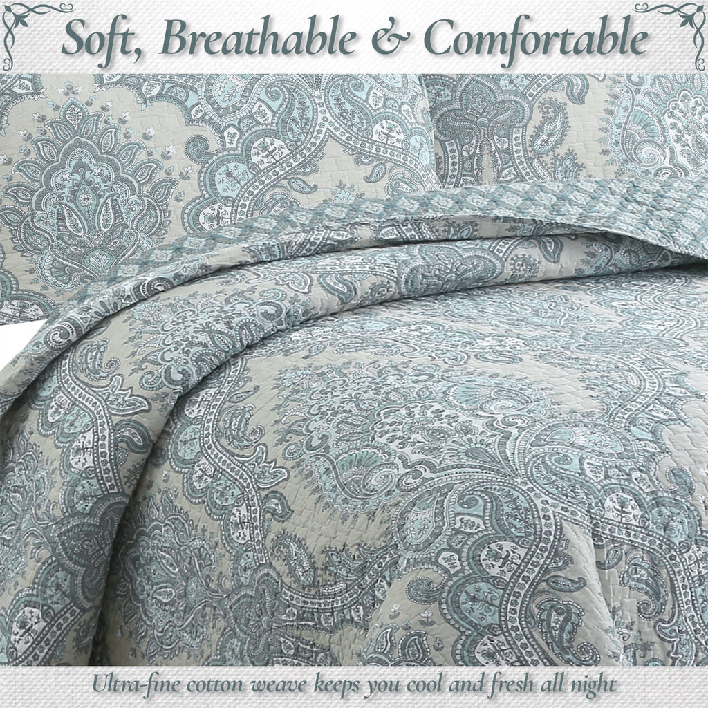 Ornate Paisley Medallion Grey Blue Cotton 3 Piece Queen Quilt Bedding Set