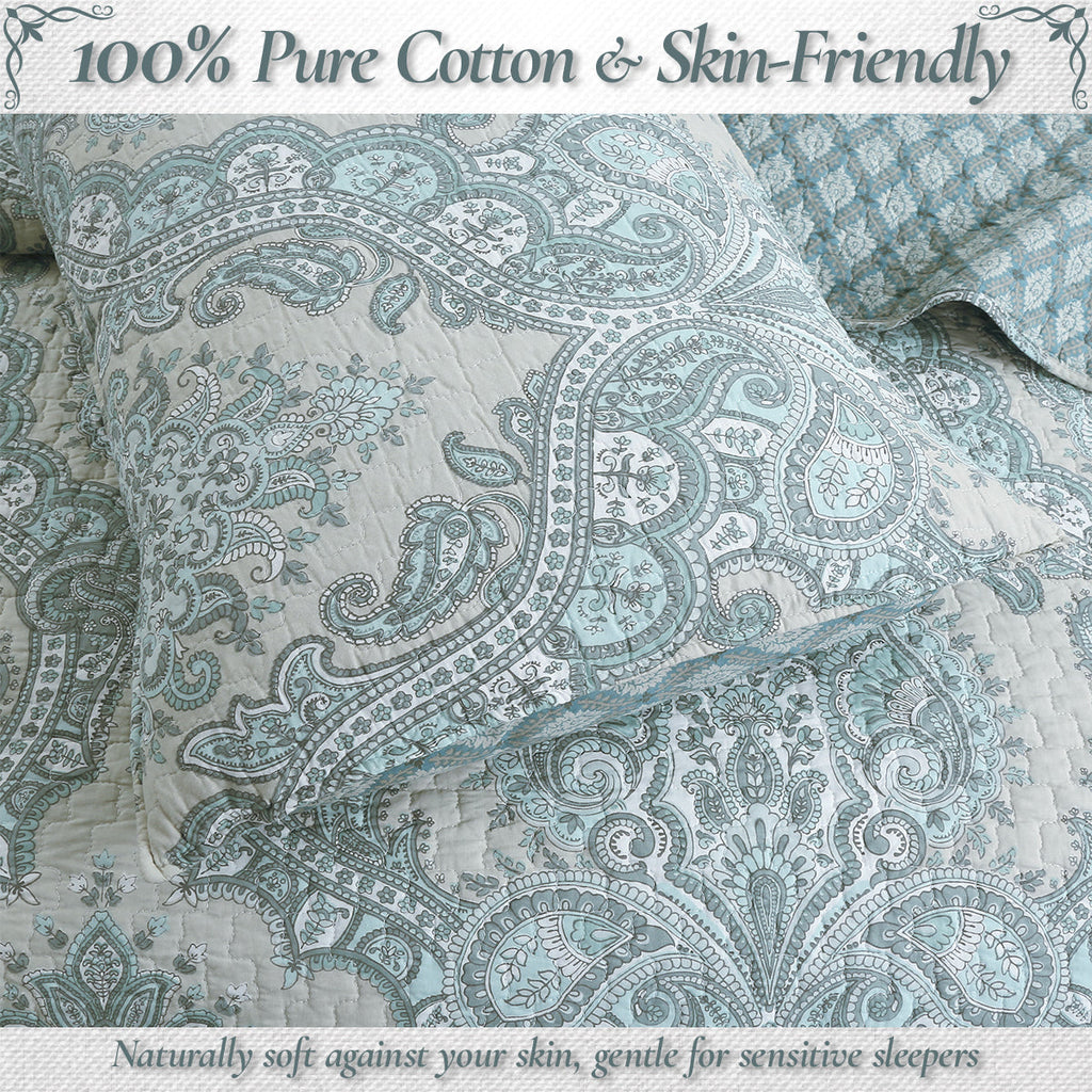 Ornate Paisley Medallion Grey Blue Cotton 3 Piece Queen Quilt Bedding Set