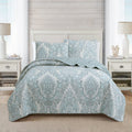 Ornate Paisley Medallion Grey Blue Cotton 3 Piece Queen Quilt Bedding Set
