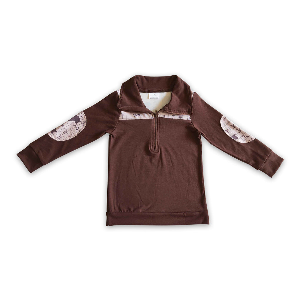 Cow print brown cotton boy western zipper pullover