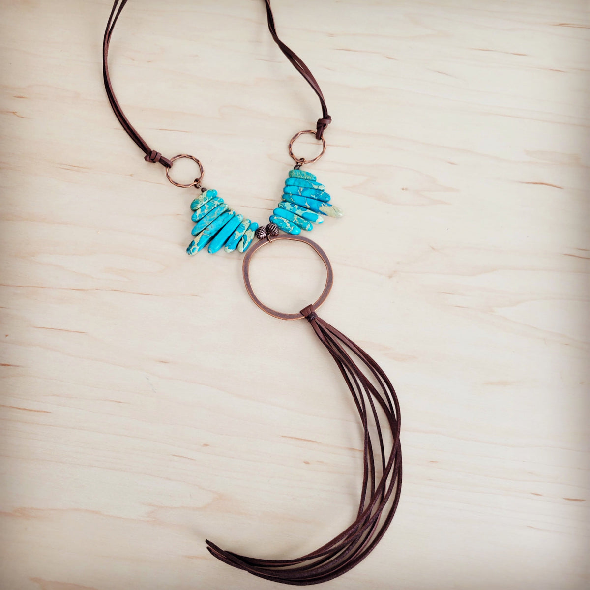 **Imperial Jasper Slab Necklace w/ Copper Hoop & Tassel 252h