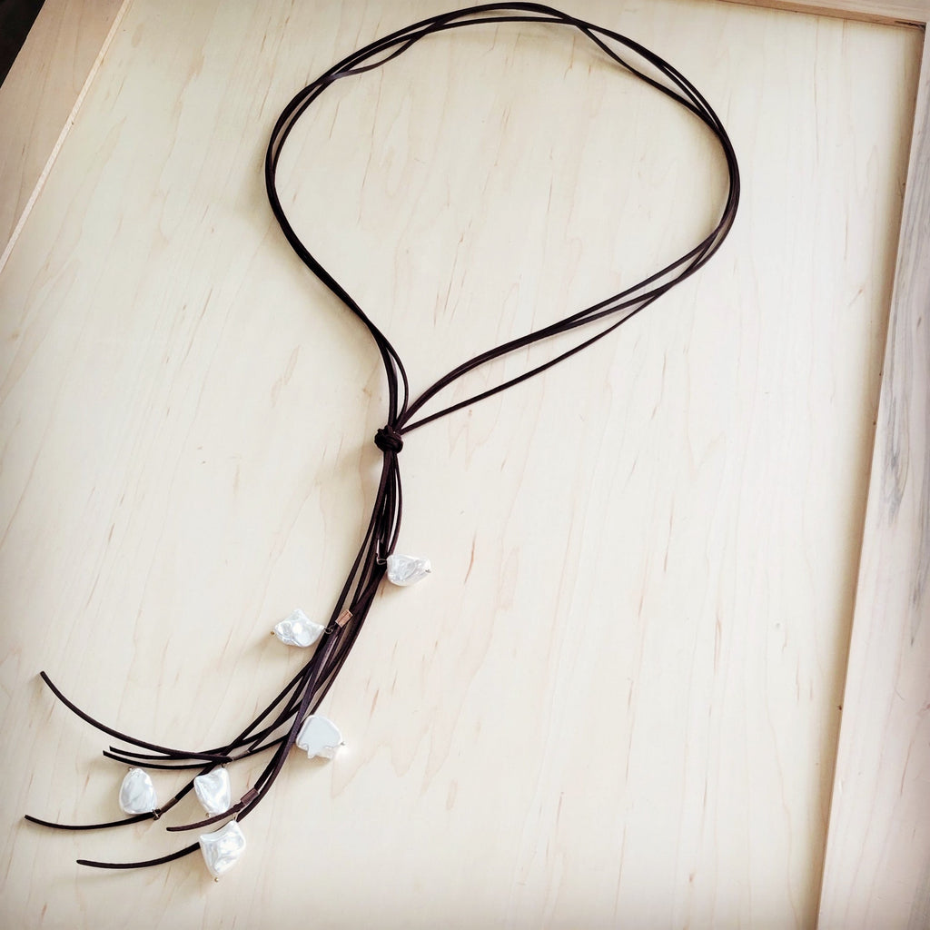 **Dark Brown Boho Knotted Leather Cord Necklace w/ Pearls 263w