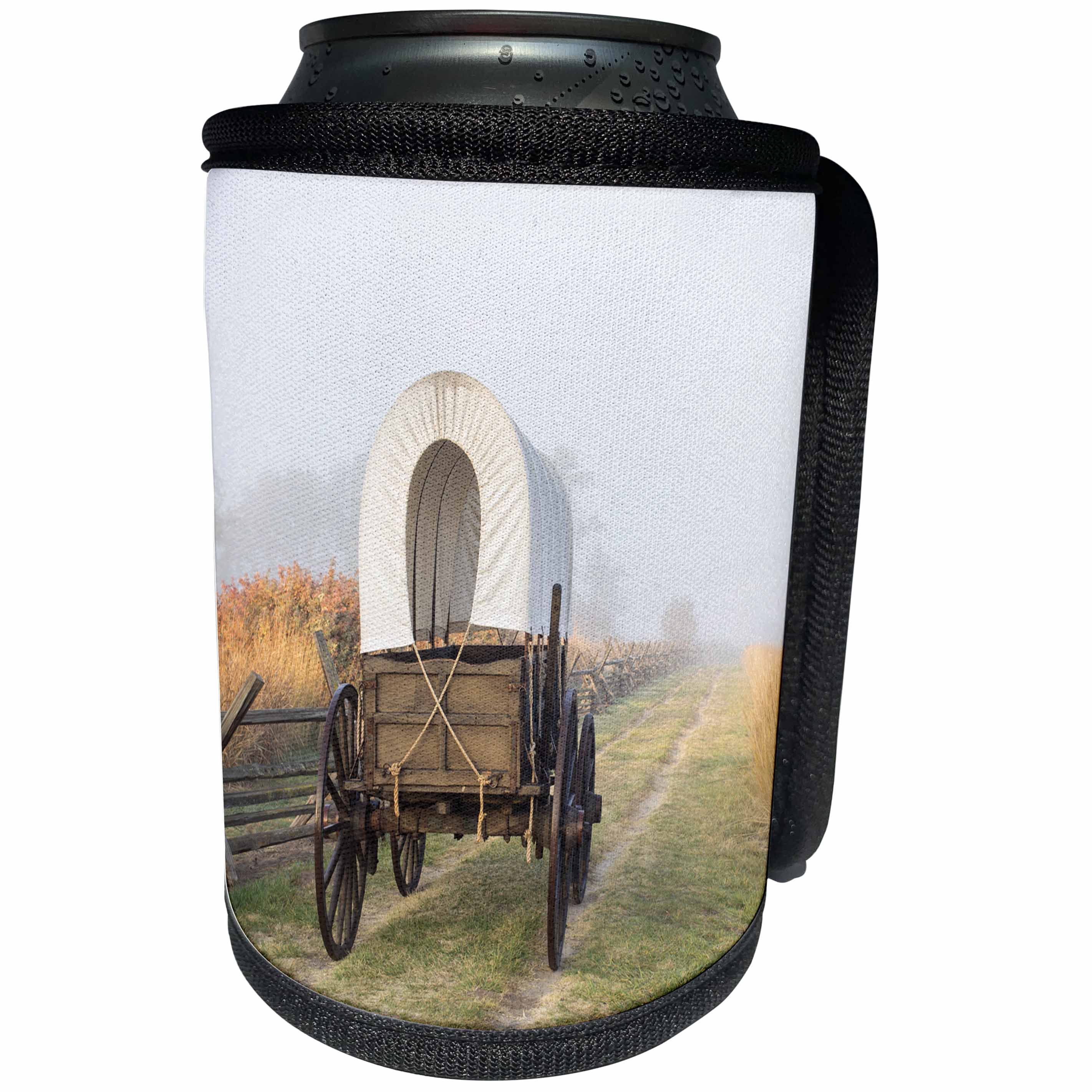 3dRose Danita Delimont - Western - Washington, Whitman Mission. Wagon along a foggu Oregon Trail. - Can Cooler Bottle Wrap (cc_279624)