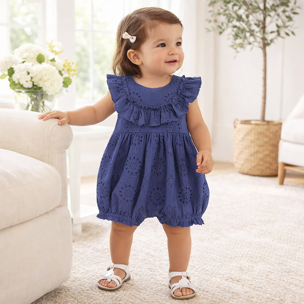 Baby Eyelet Romper Blue Cotton Ruffle One-Piece for Girls 3-6M