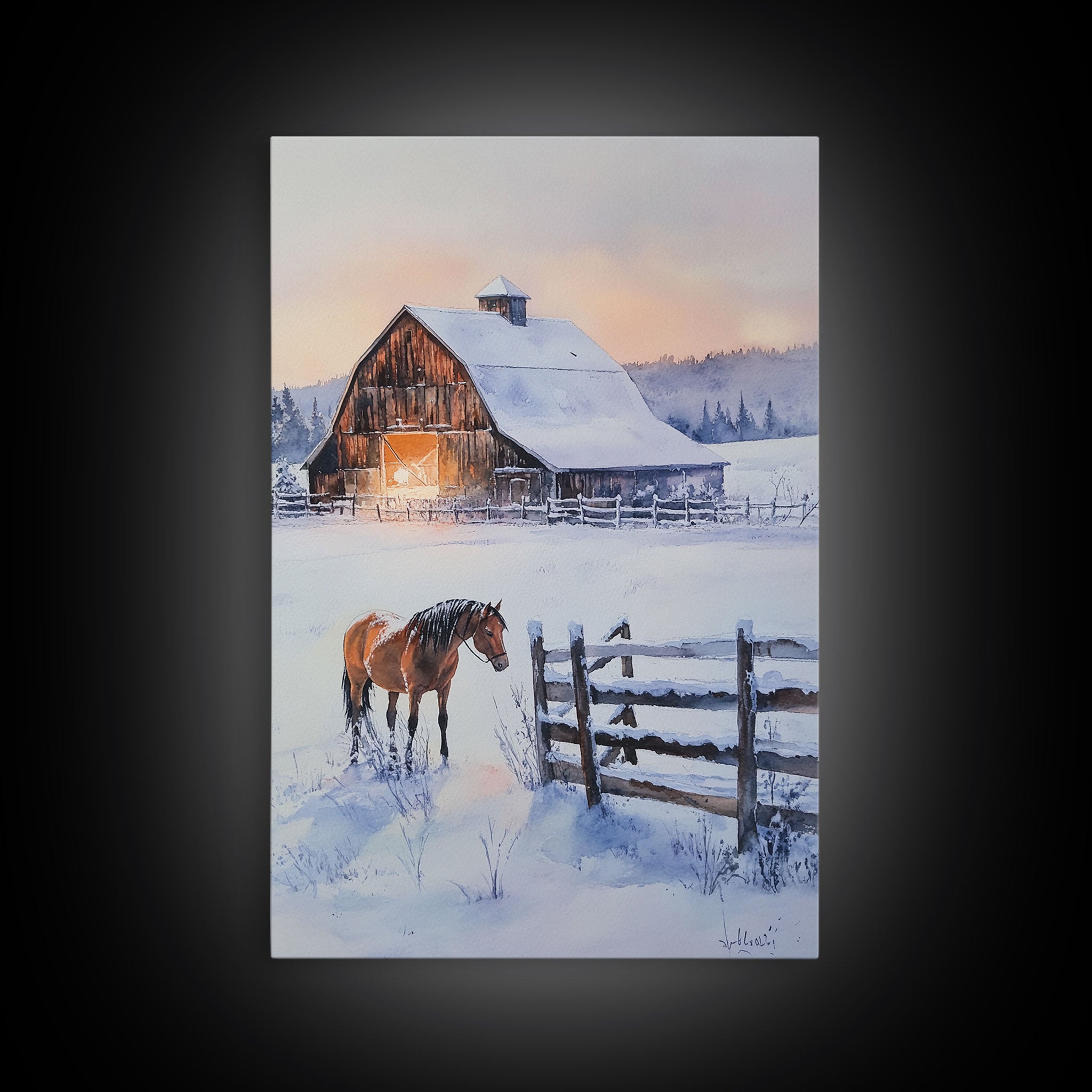 Christmas On The Farm, Winter Wall Art Framed Canvas Print, Gift Idea, Seasonal Decor, Barn Painting, Farmhouse Art
