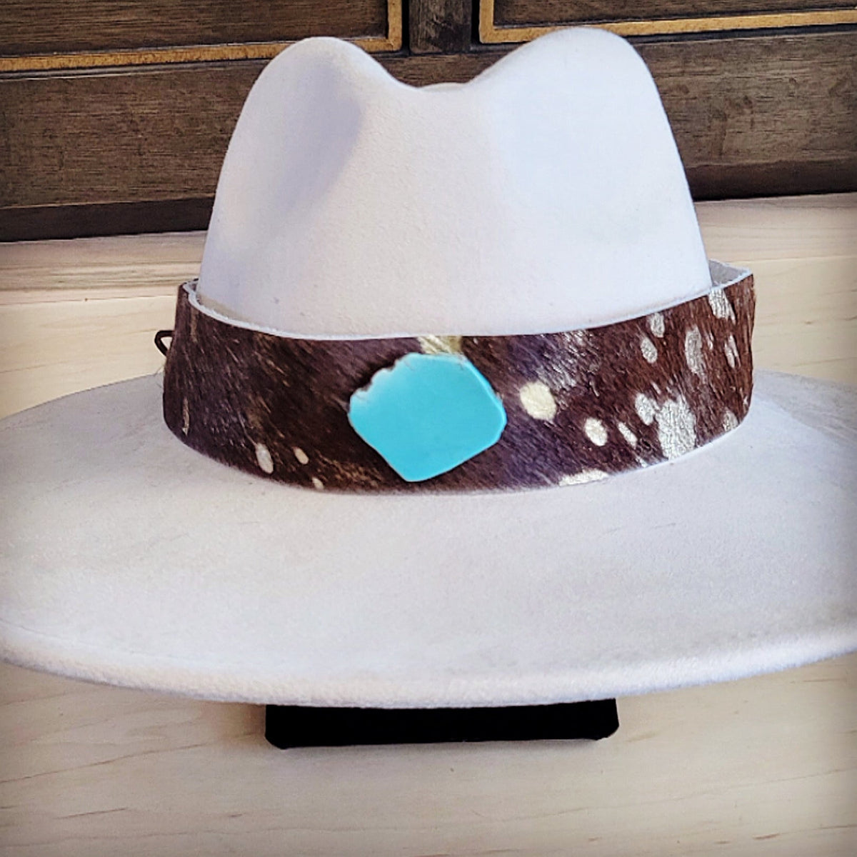 Wide Genuine Leather Mixed Metallic Hat Band Only  w/ Turq 953t