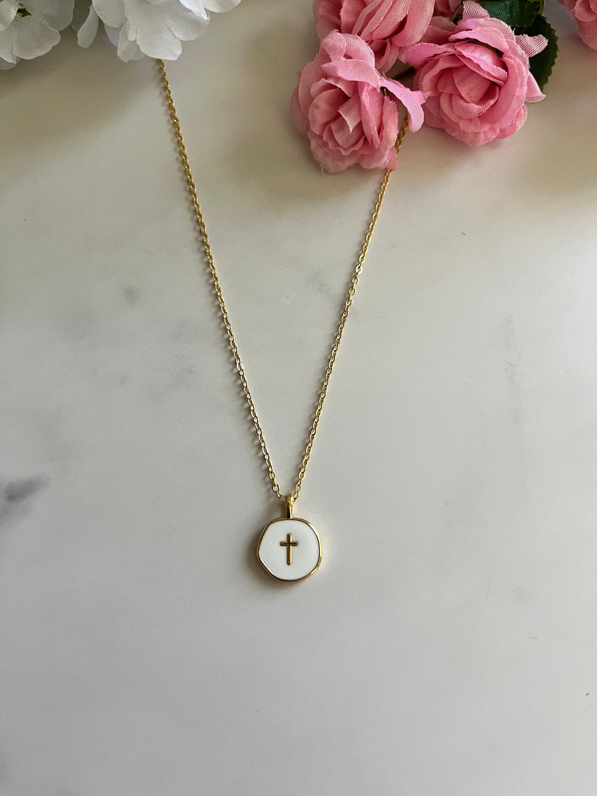 Gold Necklace 18K White Cross Pendant