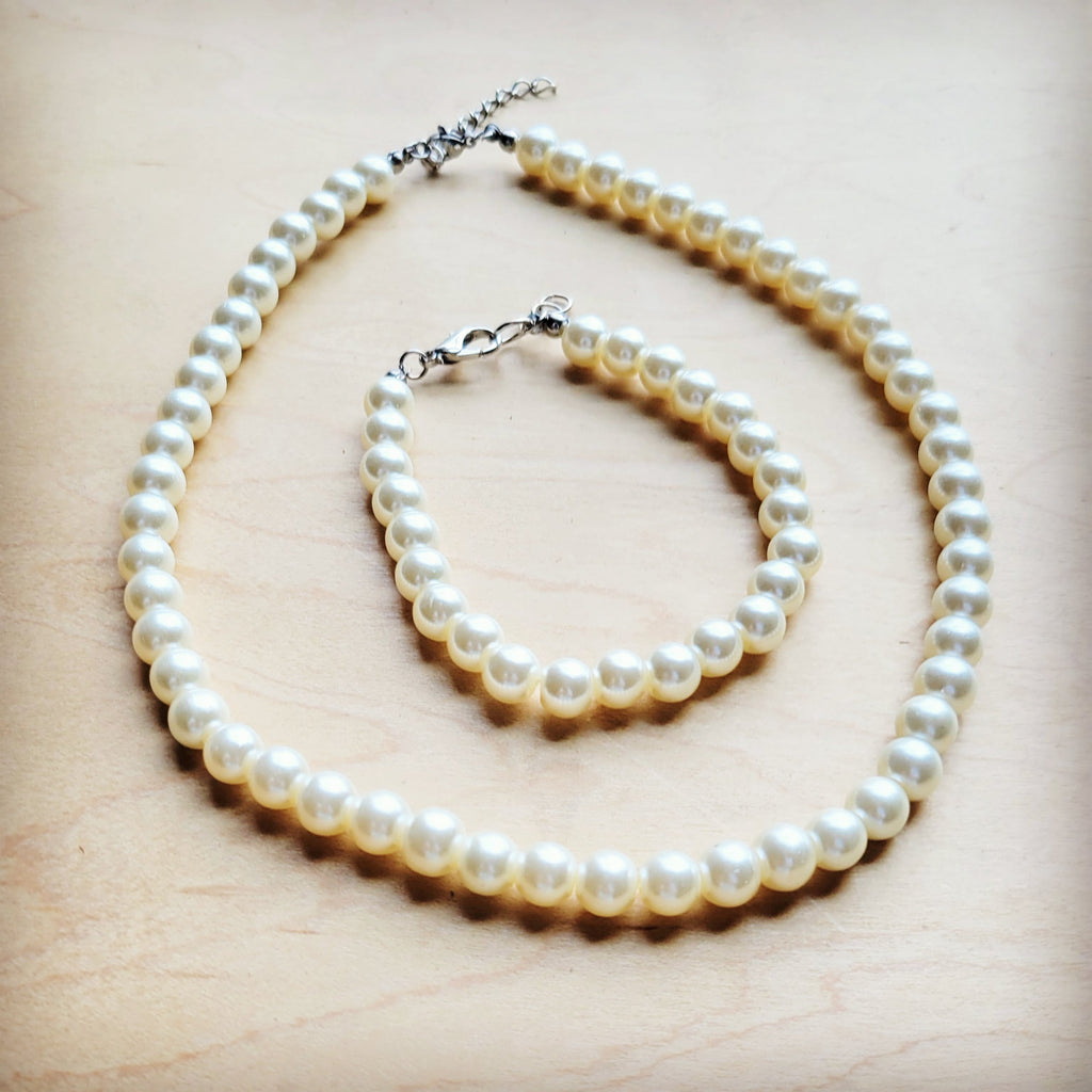 **Glass Pearl Necklace & Bracelet Set Wedding Collection 259w