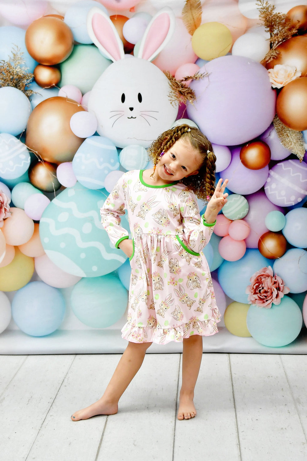 Bunny Flower Crown Long Sleeve Pocket Milk Silk Dress