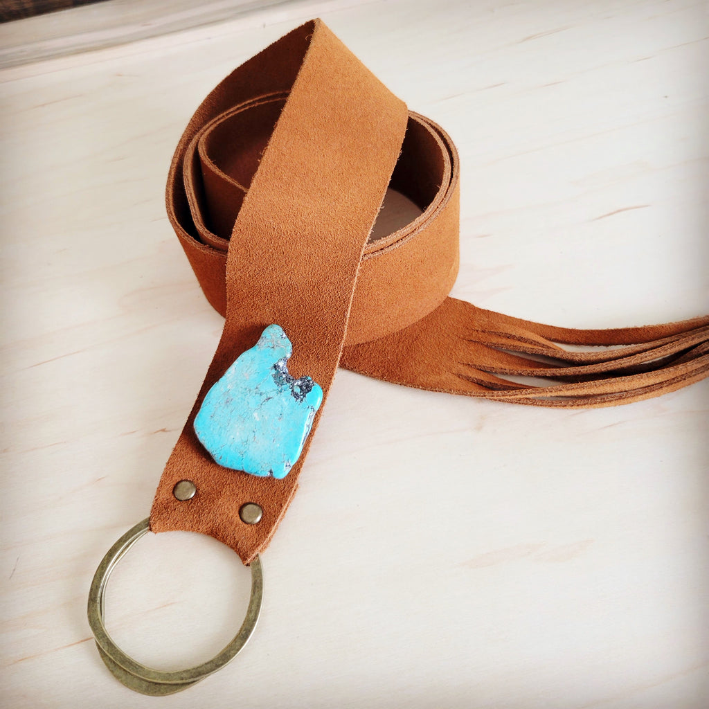 Suede Leather Belt with Leather Fringe Closure and Turq Slab 908s