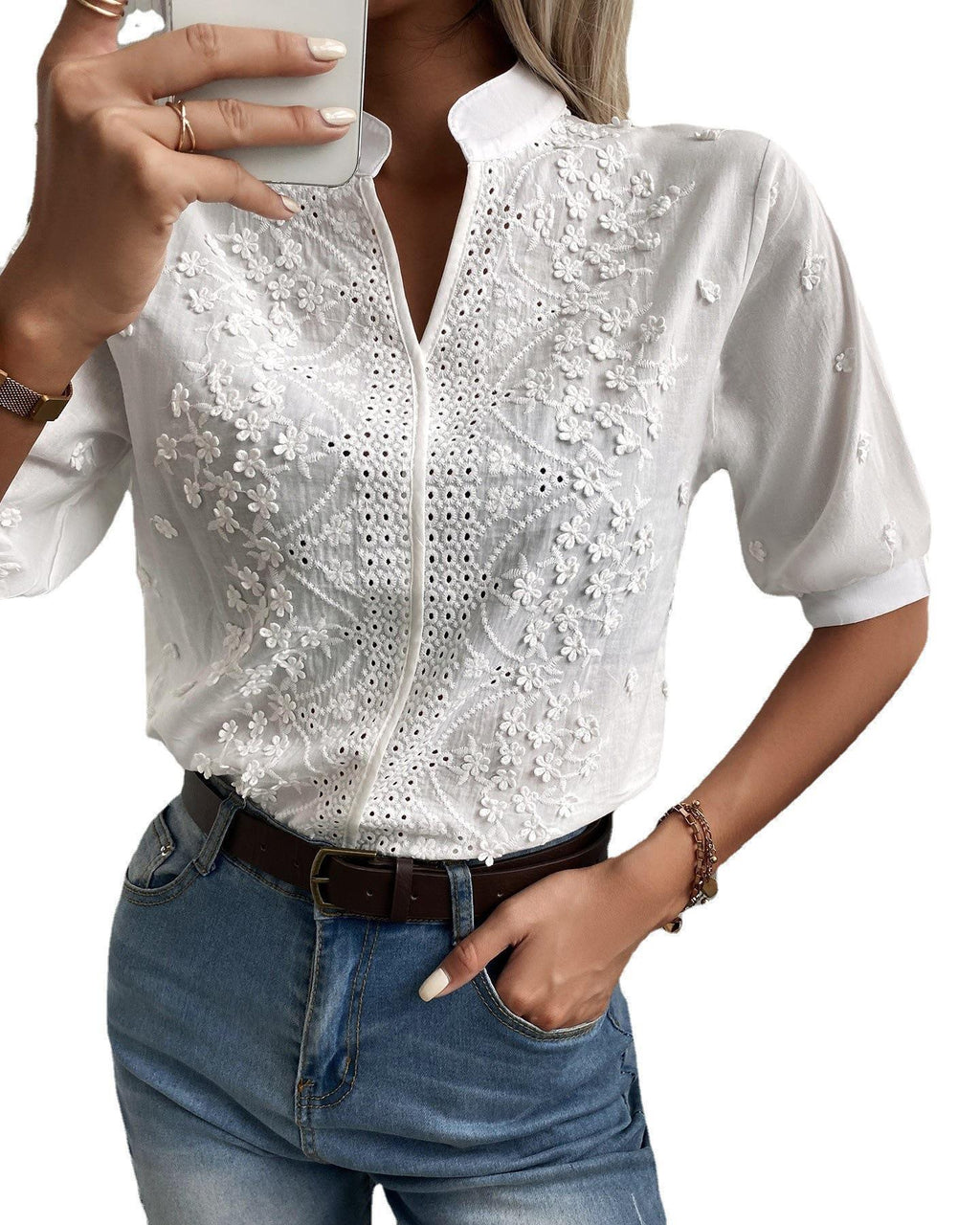 French Lace Embroidered Top - Stylish Stand Up Collar Top for Trendy Women