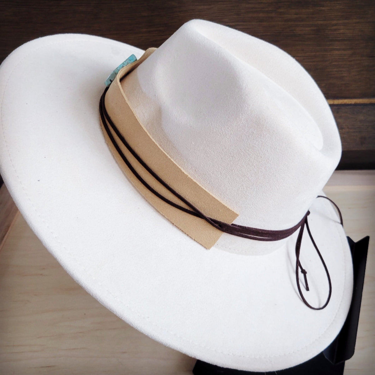 Wide Genuine Leather Bone Suede Hat Band Only w/ Turq 953v