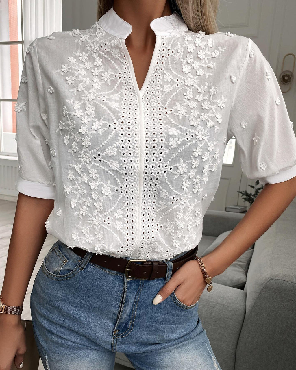 French Lace Embroidered Top - Stylish Stand Up Collar Top for Trendy Women
