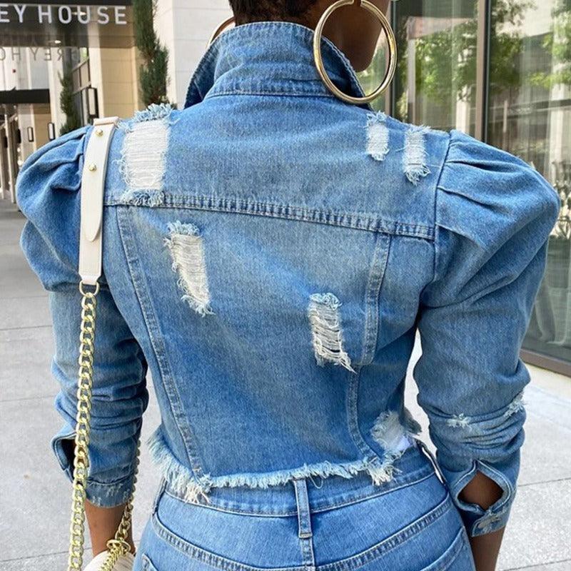 Chic Distressed Denim Puffy Sleeves Jacket – Fashionable Cropped Jean Jacket