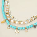 Boho Flower Mother of Pearl Natural Stone Charm Wood Beaded Multi Layered Strand Necklace