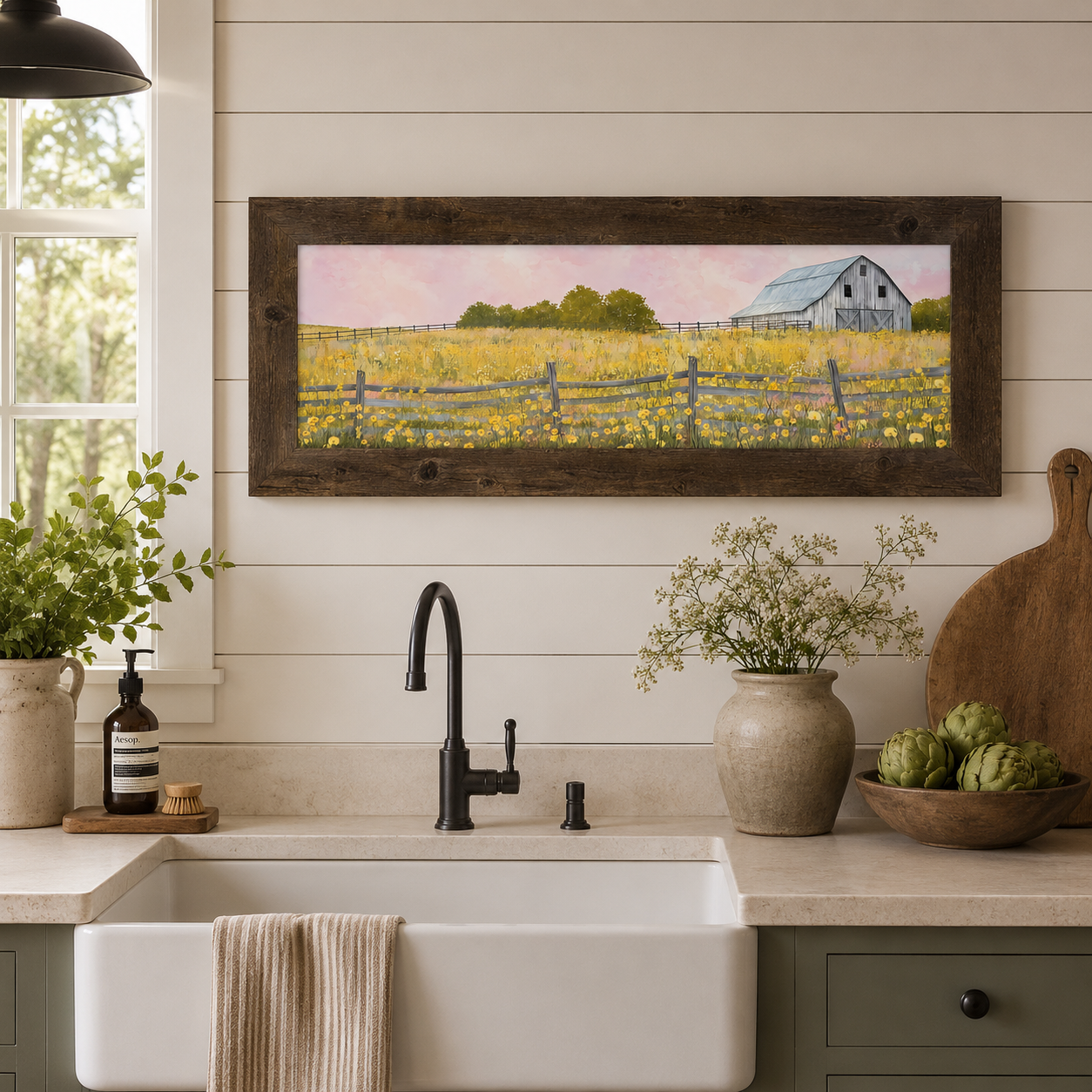 Yellow Wildflower Barn Wide Landscape Wall Art – Farmhouse Summer Scenic Panoramic Decor (SB950)