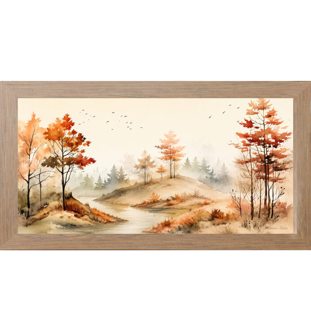 Autumn River Landscape Wall Art – Watercolor Fall Scenic Wide Landscape Farmhouse Decor (SB764)