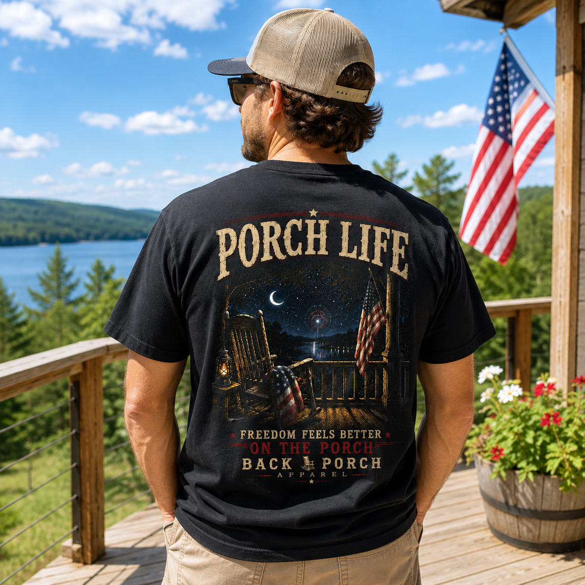 Freedom Feels Better on the Porch Life Comfort Colors Black Patriotic T-Shirt