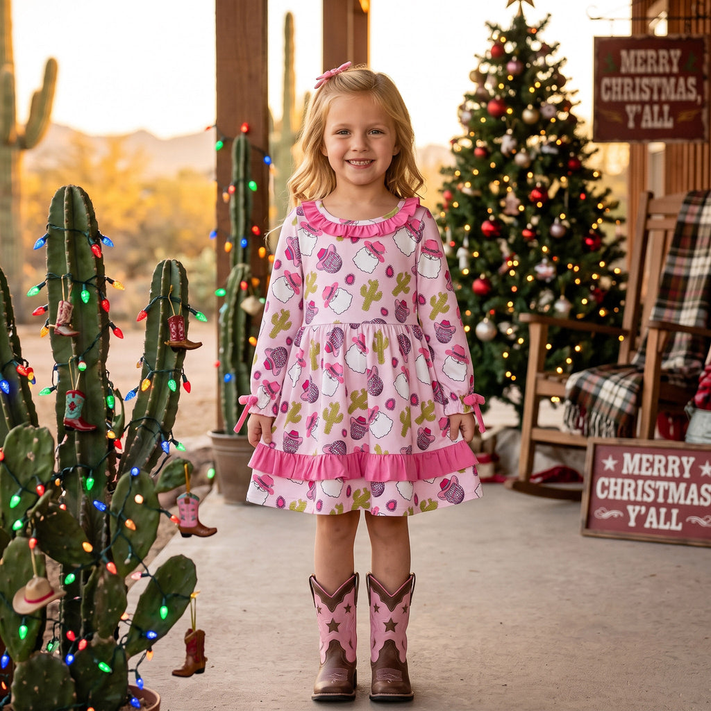 Pink santa cactus hat santa girls western Christmas dresses