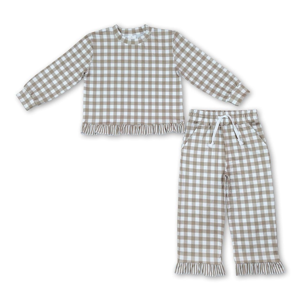 Long sleeves plaid stripe ruffle top pants girls outfits