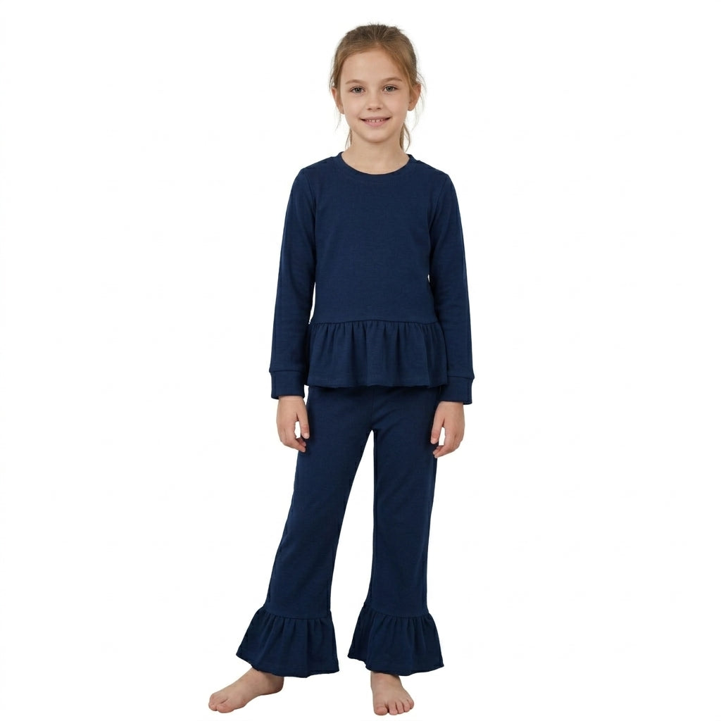 Long sleeves navy peplum top ruffle pants girls outfits