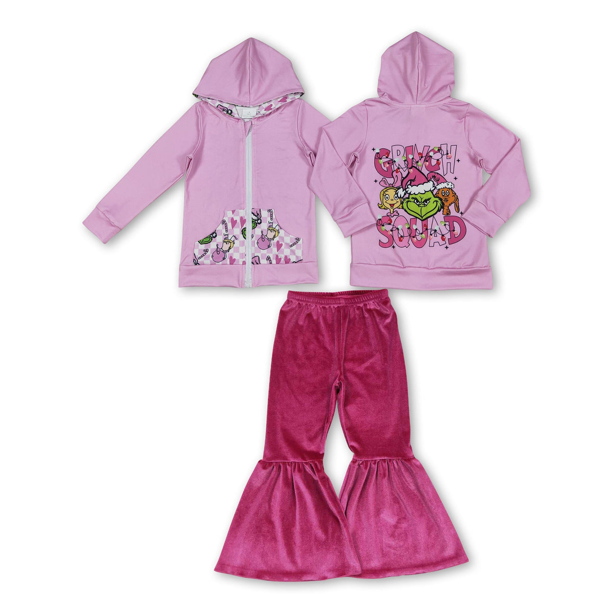 Pink green face hooded jacket velvet pants girls Christmas outfits