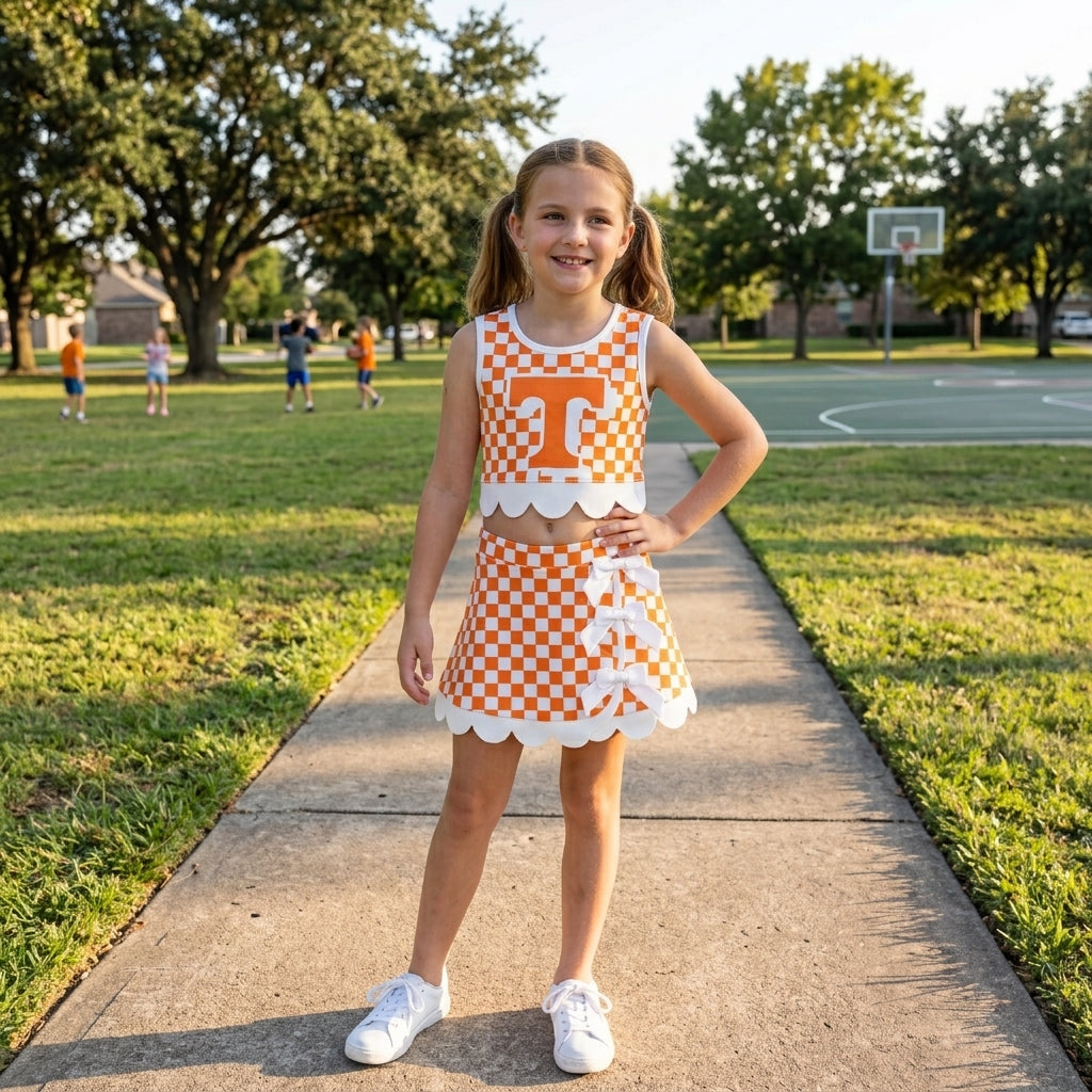Sleeveless orange T plaid scallop girls team active wear set