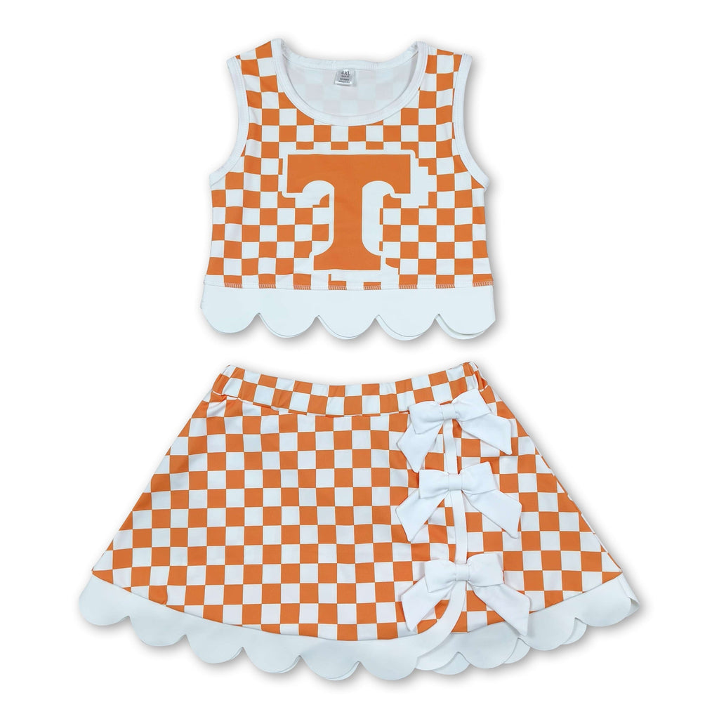 Sleeveless orange T plaid scallop girls team active wear set