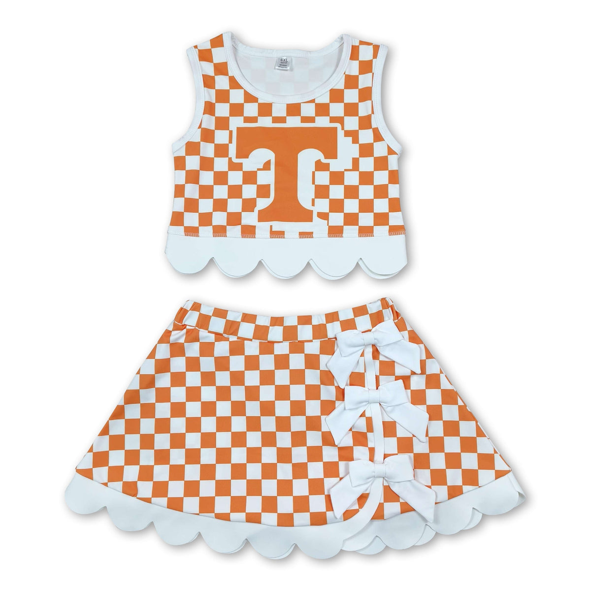 Sleeveless orange T plaid scallop girls team active wear set