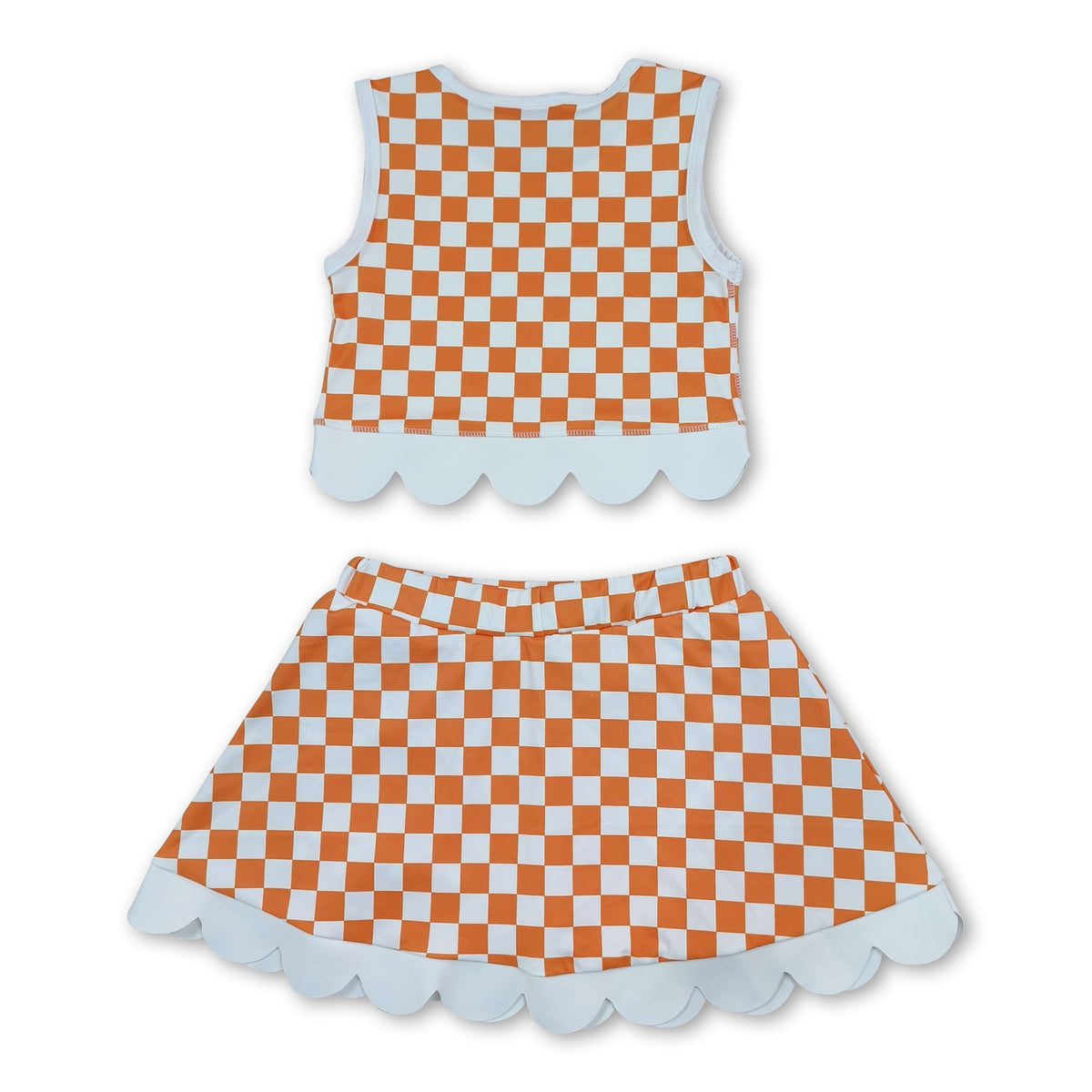 Sleeveless orange T plaid scallop girls team active wear set