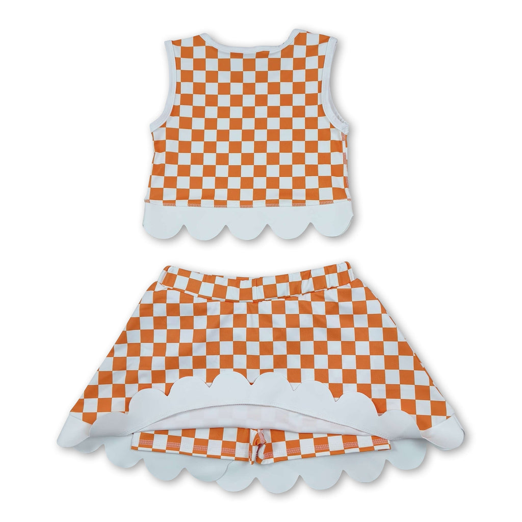 Sleeveless orange T plaid scallop girls team active wear set