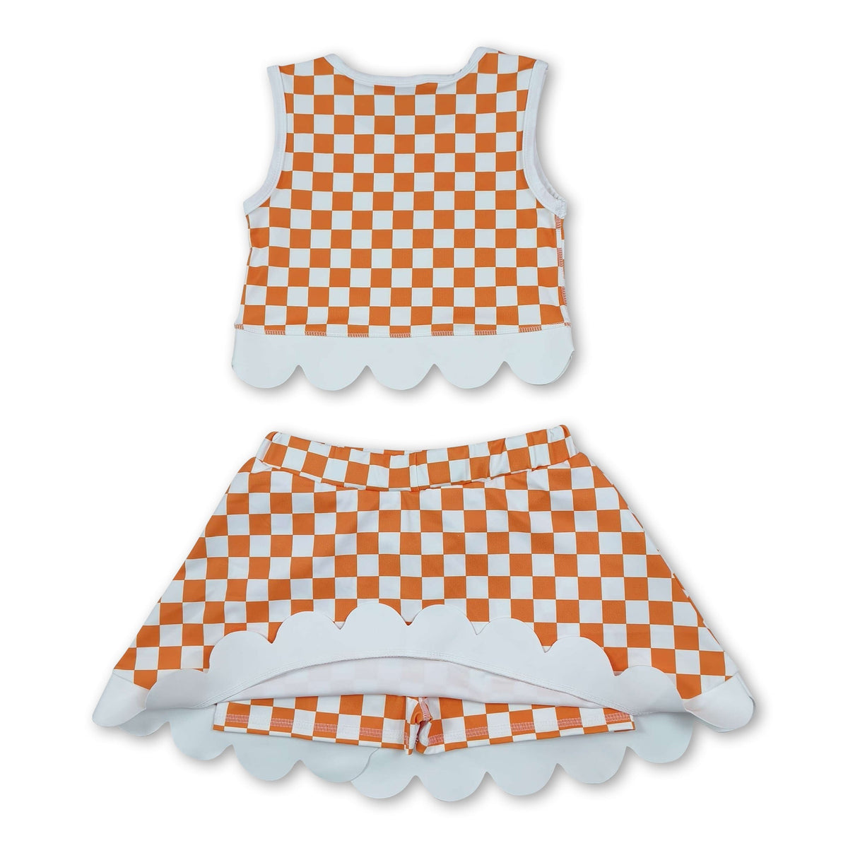 Sleeveless orange T plaid scallop girls team active wear set