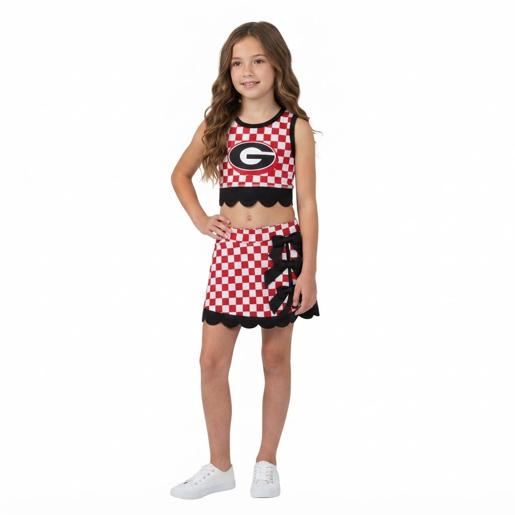 Sleeveless red G plaid scallop girls team active wear set