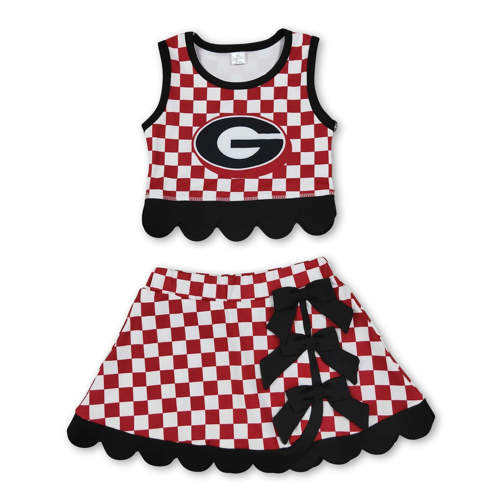 Sleeveless red G plaid scallop girls team active wear set
