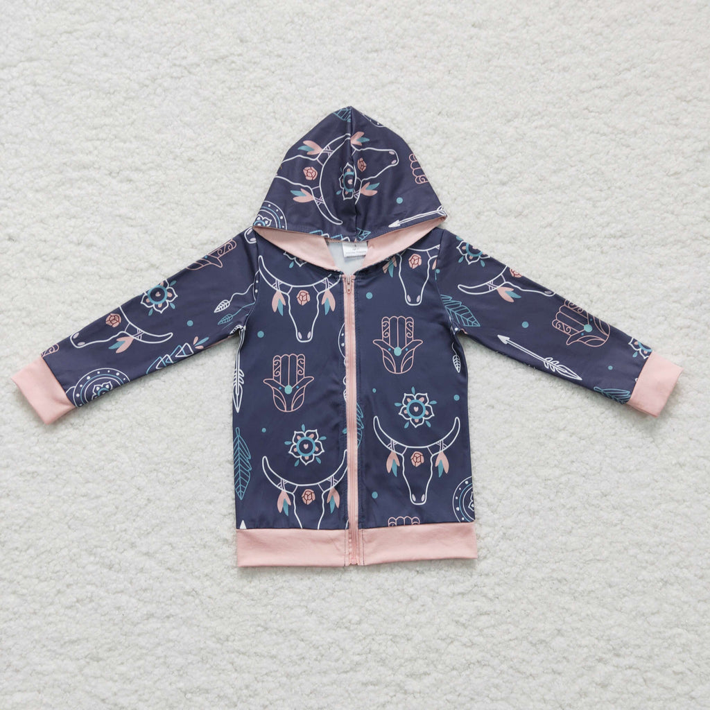 Bull skull feather zipper hoodie girls western jacket