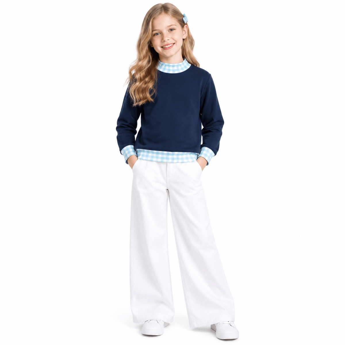 Long sleeves plaid navy kids girls mock neck sweatshirt