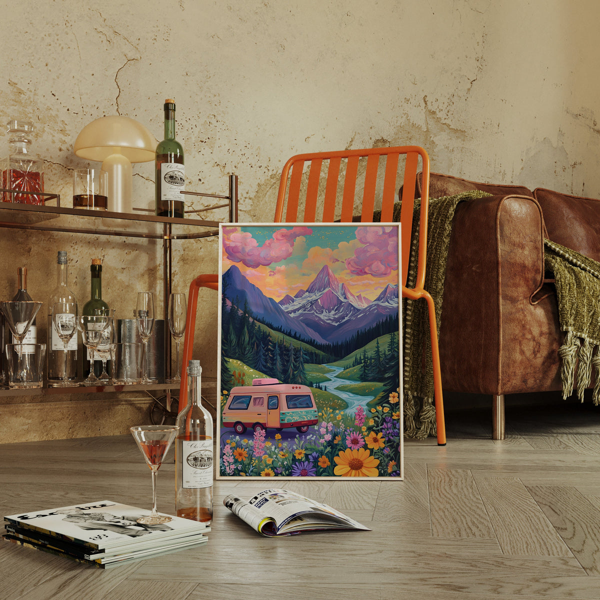 Vibrant Camper Van Landscape Canvas Art