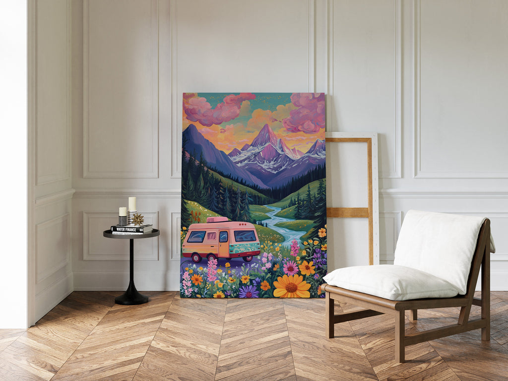 Vibrant Camper Van Landscape Canvas Art