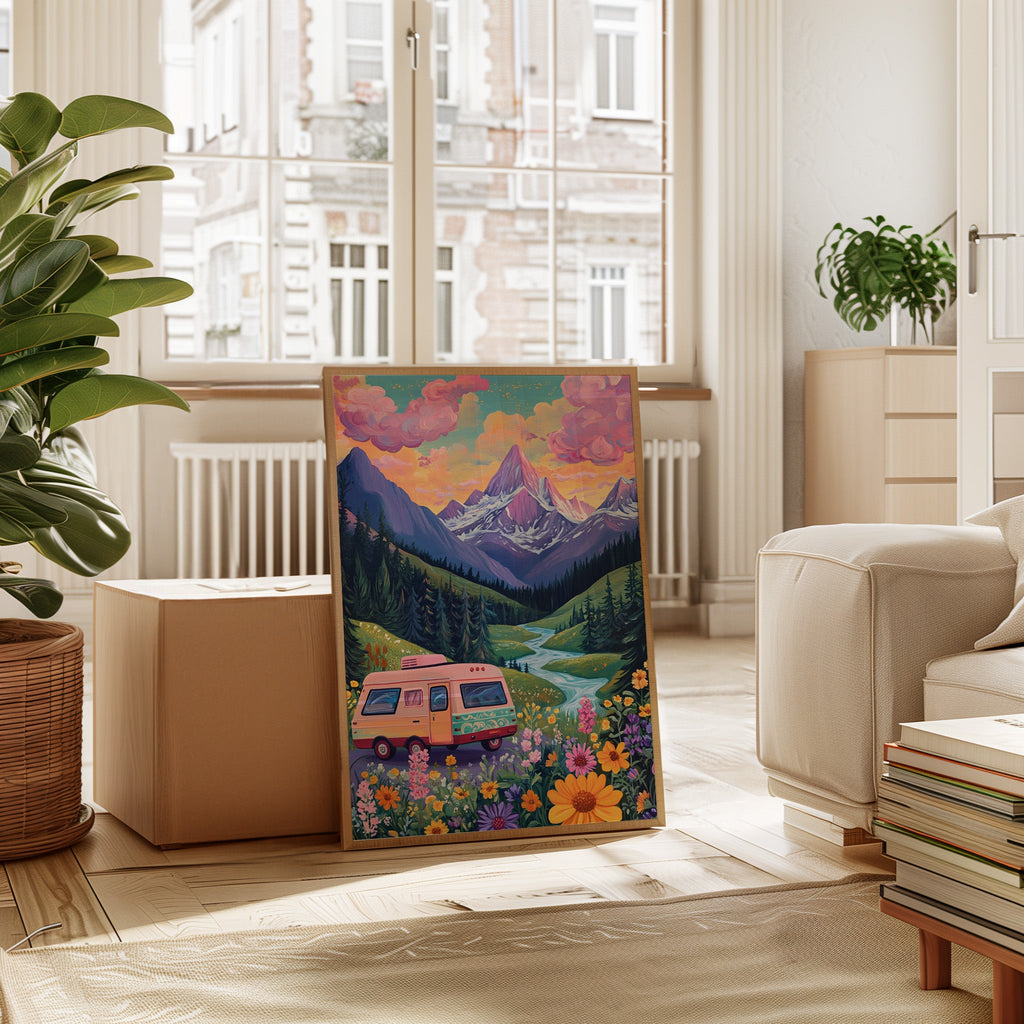 Vibrant Camper Van Landscape Canvas Art