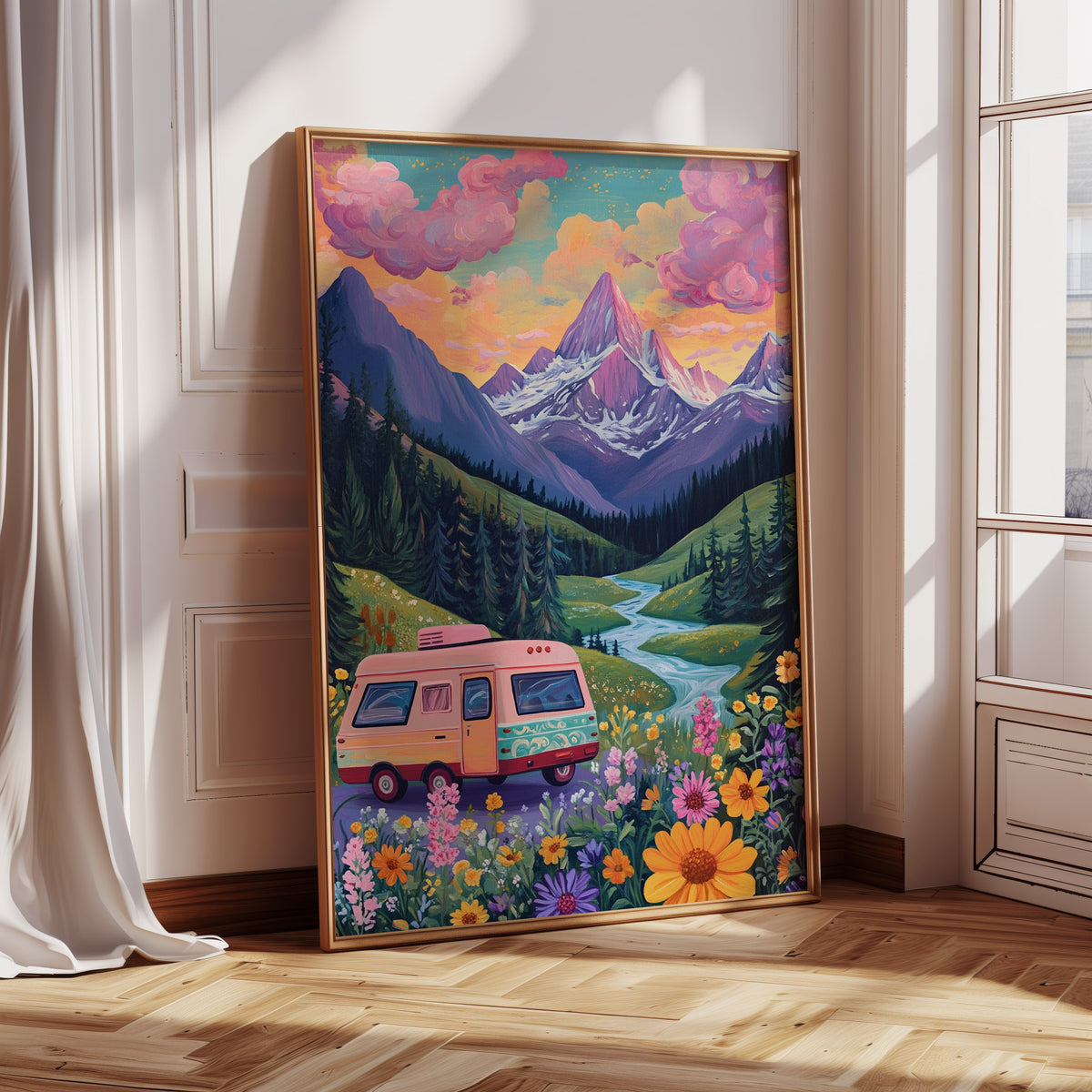 Vibrant Camper Van Landscape Canvas Art