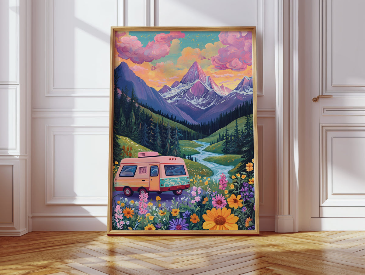 Vibrant Camper Van Landscape Canvas Art
